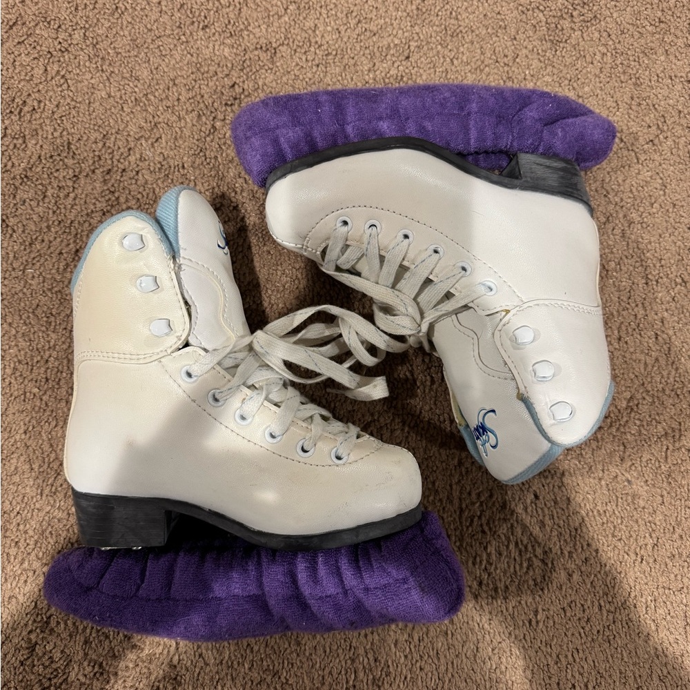 White Ice Skates with Purple Guards
